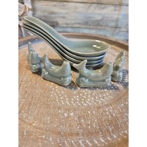 Vintage Celadon Ceramic Soup Spoons and Fish Rests Set of 8 Koi Design Green